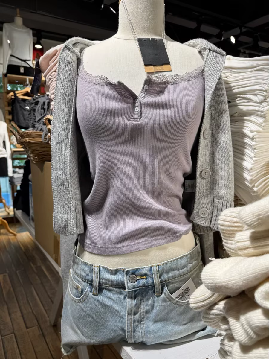 Débardeur côtelé violet en dentelle pour femmes