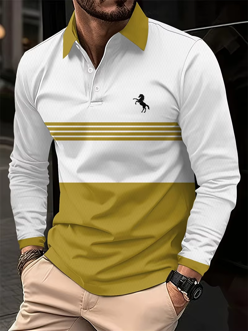 Chemises polo à motif de cheval en couleur contrastée pour hommes Mode d'été Manches longues Chemise