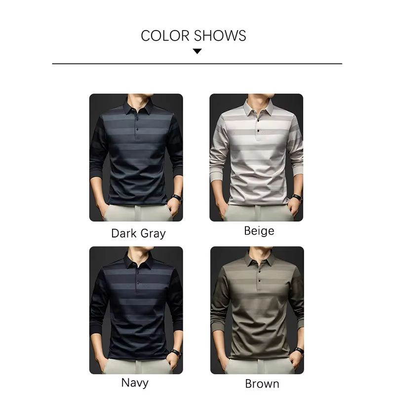 Chemises Polo Élégantes pour Hommes BROWON Printemps Automne 2026 Manches Longues Col Revers Grand Motif Rayé T-shirt Homme Nouveauté dans la catégorie Hauts & T-shirts