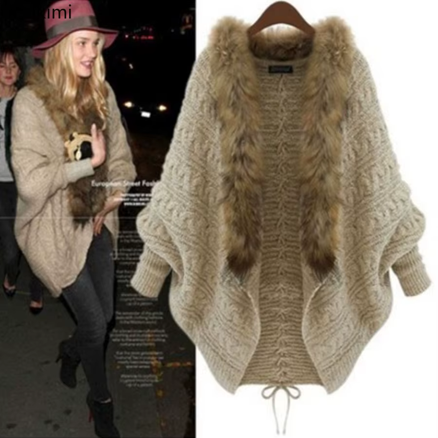 Femmes Cardigan pull épais Poncho Capes automne hiver Femme tricoté manches chauve-souris col de fourrure laine