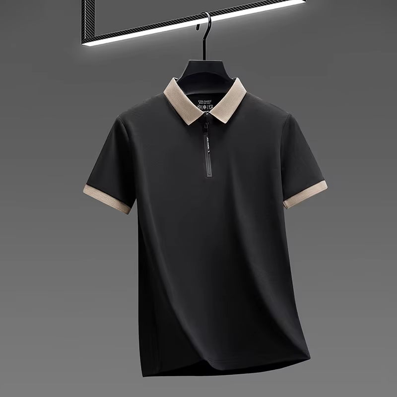 Polo pour homme en tissu respirant à demi-zip avec col à revers et manches courtes