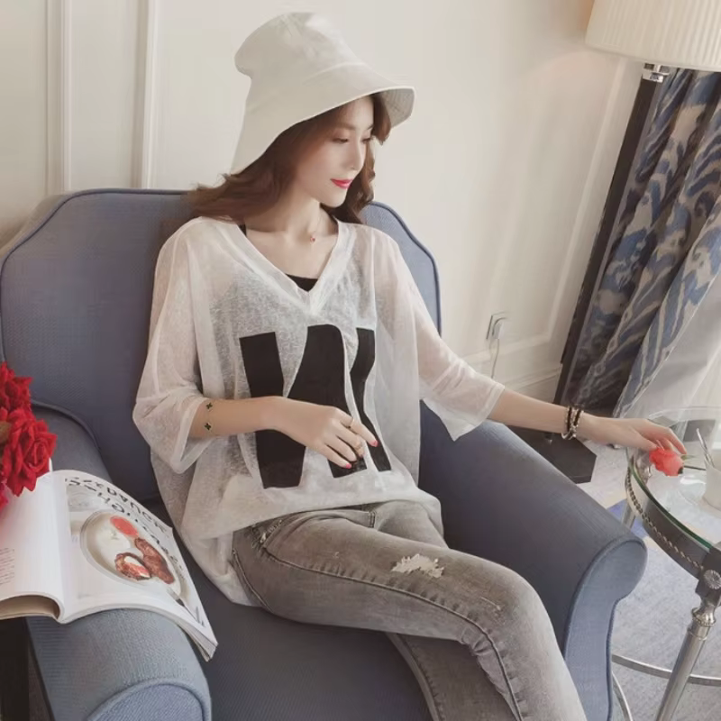Femmes demi manches T-Shirts amples col en v été casual lettre impression cultures hauts pulls