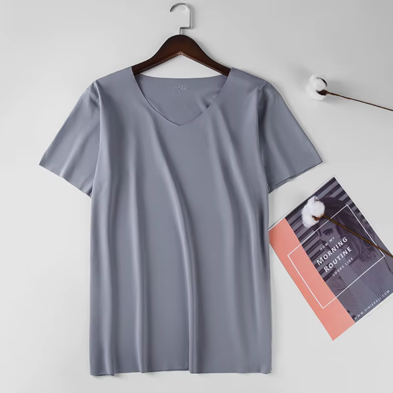 Chemise Slim pour hommes chemises de base en soie glacée couleur unie respirant sans couture T-shirt
