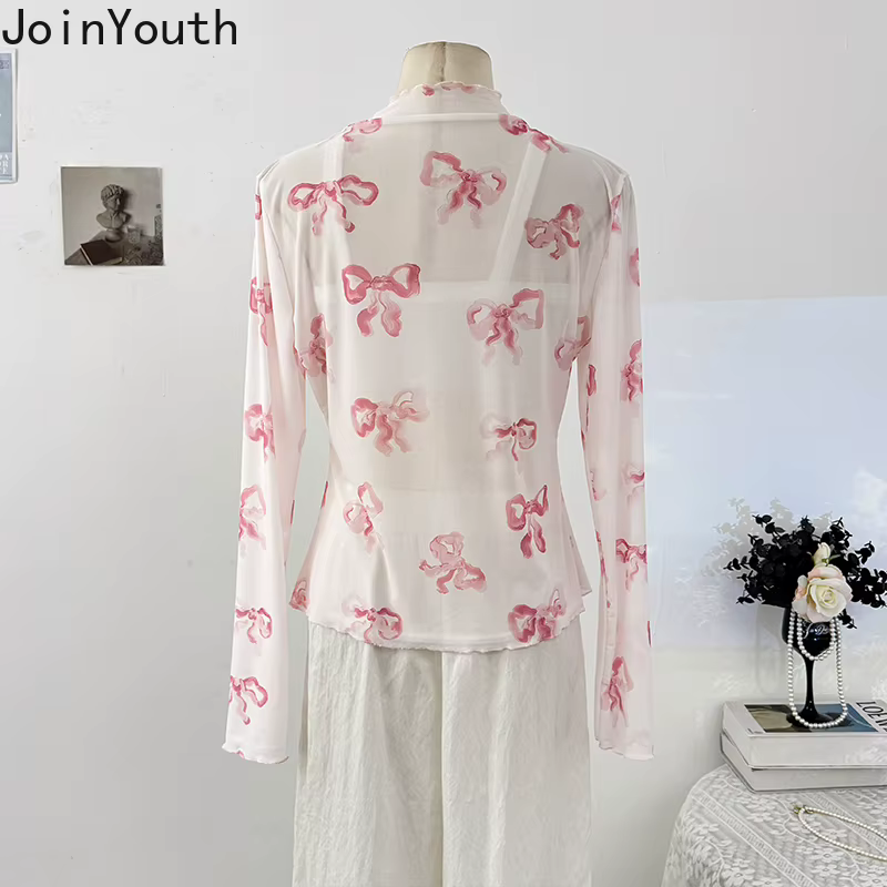 Gaze femme t-shirts nœud imprimé à manches longues