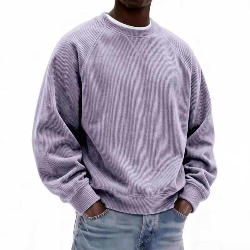 Sweat-shirt col rond en velours côtelé gris pour hommes