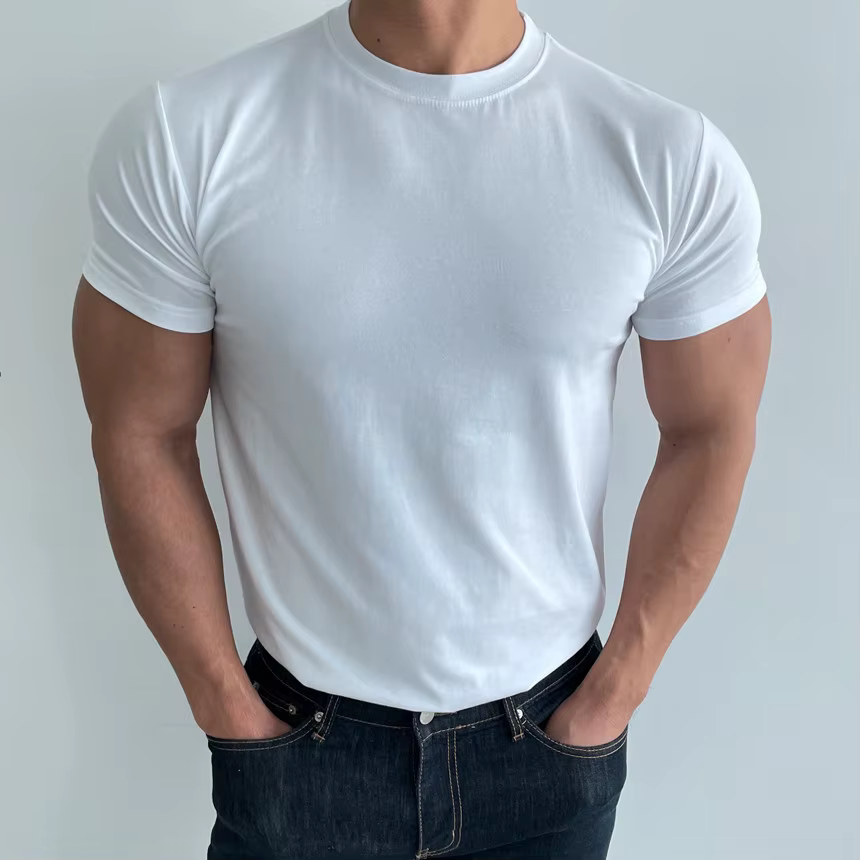 T-shirt d'Entraînement à Manches Courtes pour Homme, Haute artificiel asticité, Coton Respirant, vaccage Rapide, Col Rond, Couleur Unie, Y-Quality
