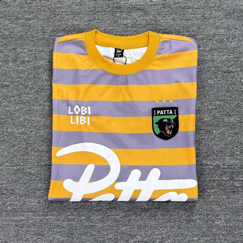 T-shirt à manches longues unisexe à col rond, motif tête de léopard brodé Patta, rayures noires et jaunes, style maillot de football ample