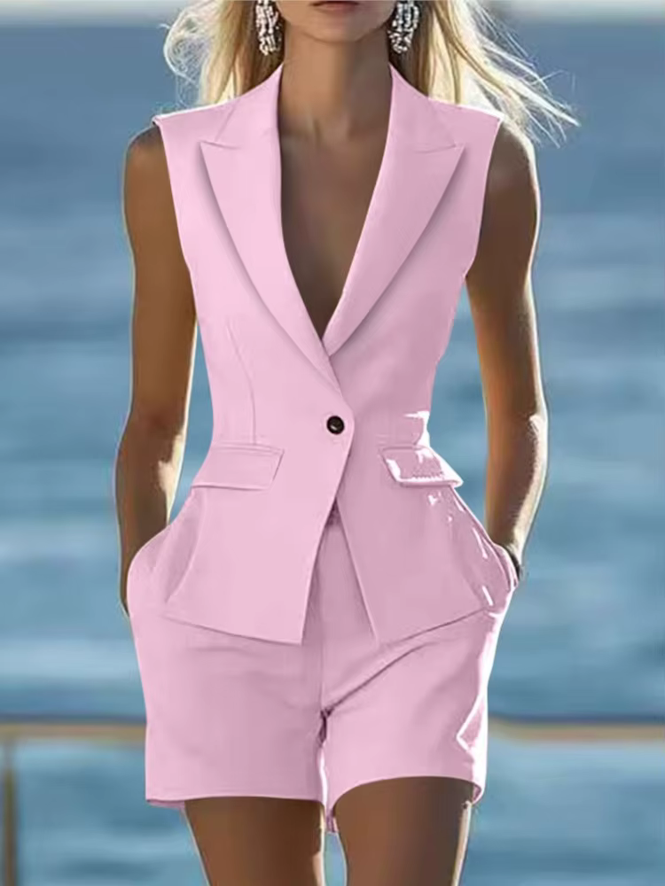 Femmes élégantes solide sans manches costume gilet deux pièces ensembles été décontracté revers bouton haut et short
