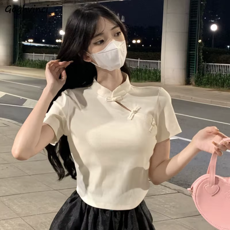 T-shirts femmes Vintage Style chinois littéraire nouvel été col Mandarin tempérament populaire gracieux décontracté mince Hotsweet hauts