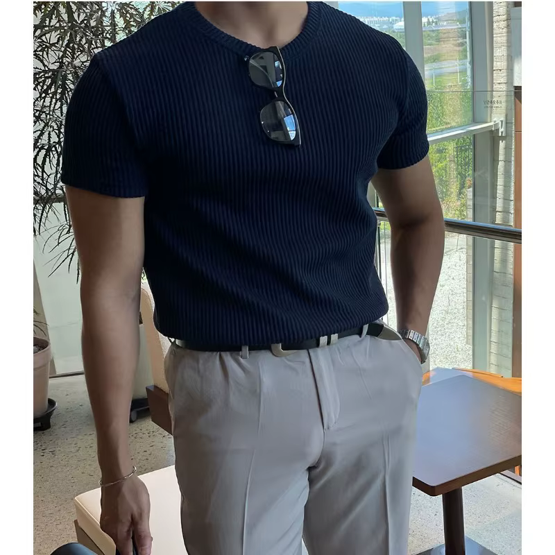 T-shirt côtelé ajusté pour homme - Col rond texturé à manches courtes