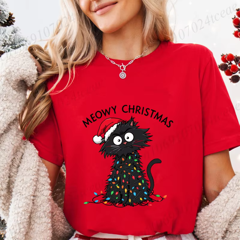 T-shirt graphique décontracté pour femmes – Imprimé de Noël Meowy