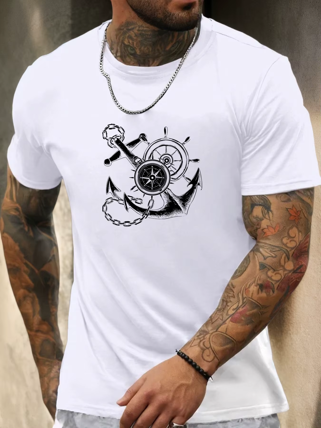 T-shirt d'été décontracté à manches courtes pour hommes avec un motif d'ancre de bateau et de boussole