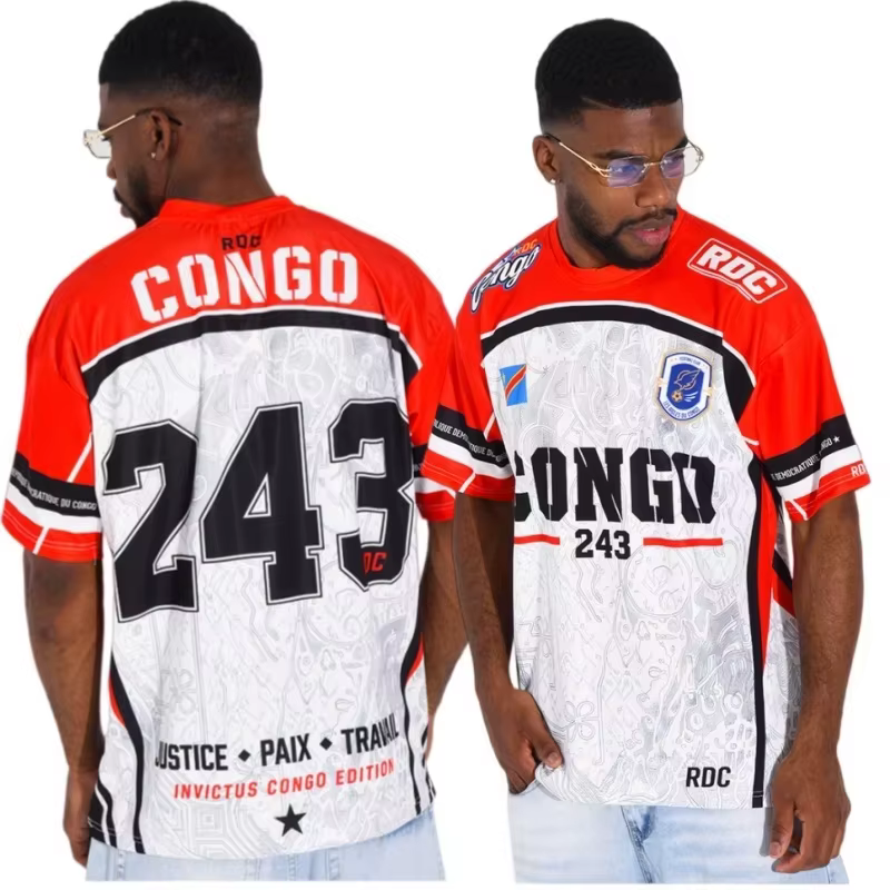 T-shirt à manches courtes commémoratif de la République démocratique du Congo 2026 avec drapeau national contrastant #