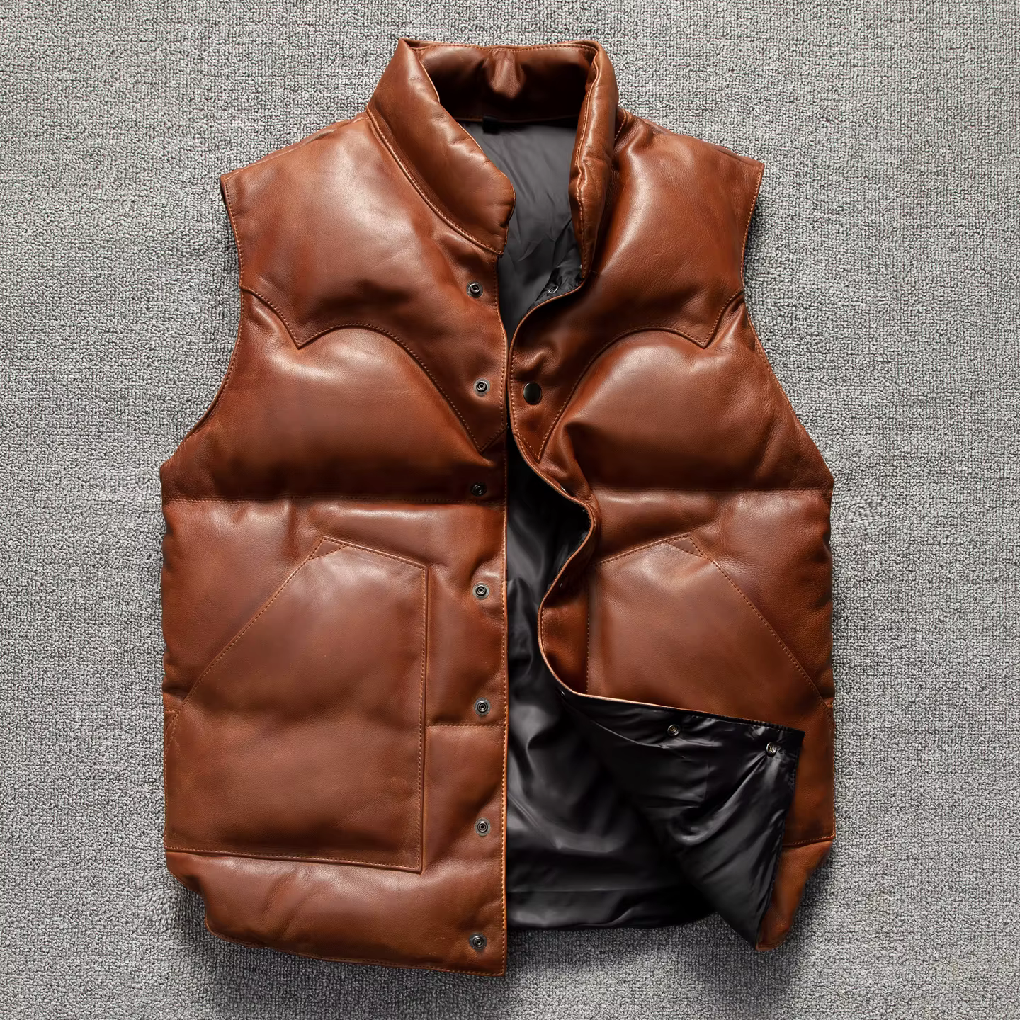 Veste en cuir véritable en peau de mouton naturelle à col montant et simple boutonnage