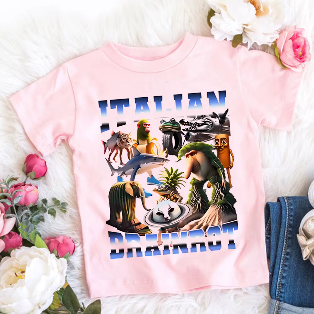 Italien Brainrot T-Shirt enfants dessin animé imprimé vêtements col rond basique garçons hauts absorbant chemises décontractées cadeau