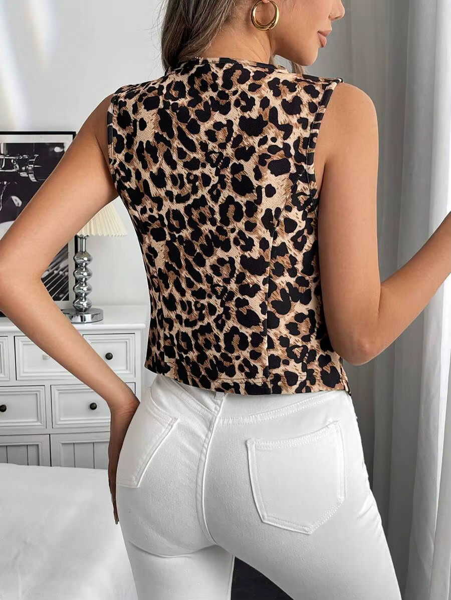 Débardeurs léopard sans manches pour femme – Élégants hauts à col en V pour le bureau