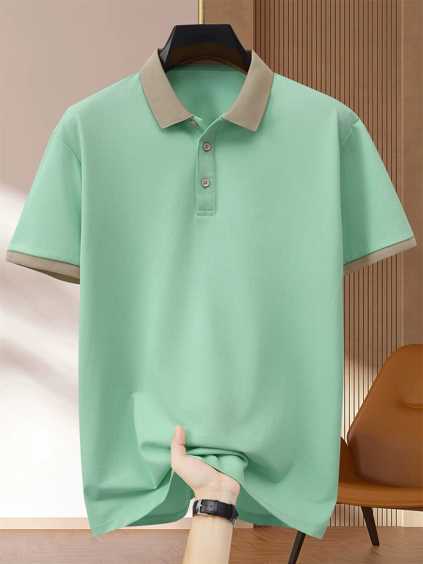 2025 Polo noir pour hommes contraste col Beige manchette manches courtes respirant affaires décontracté tissu doux