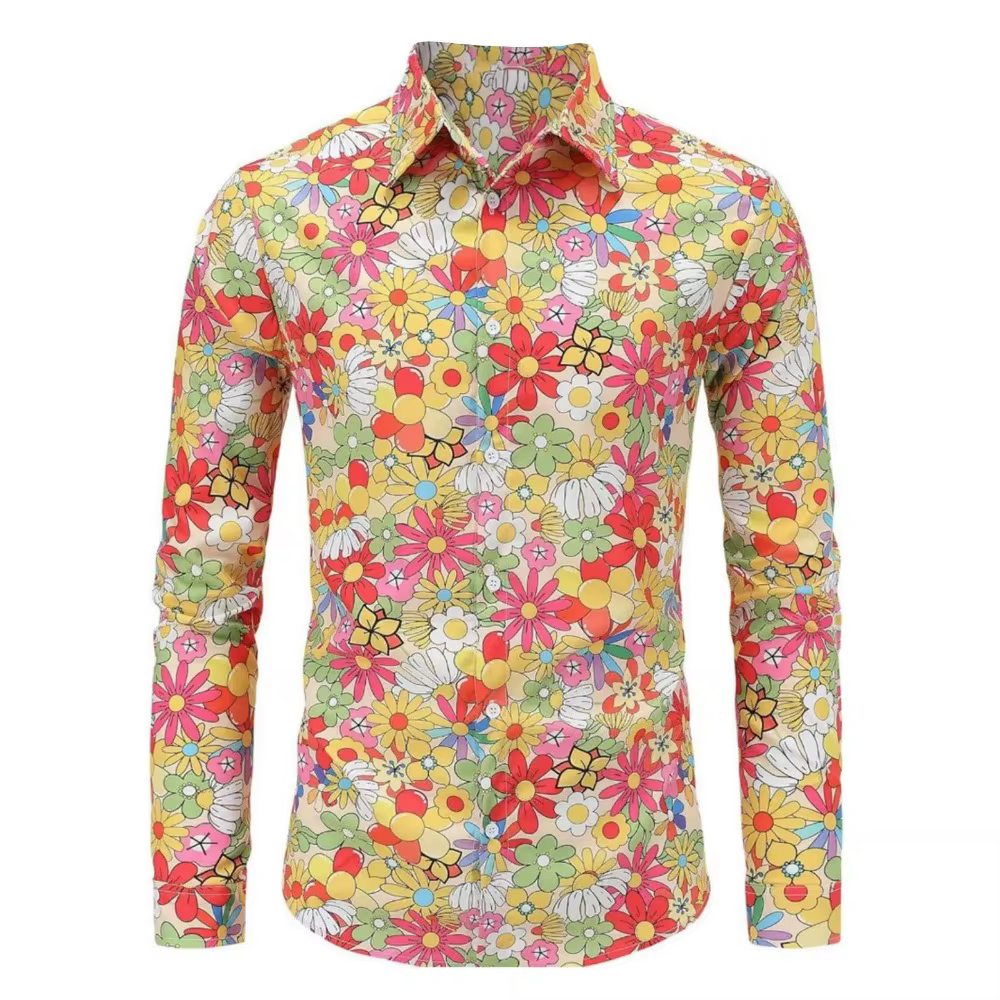 Chemises à manches longues pour hommes Hippie années 70 Disco Hip Hop bouton fleur rétro chemise