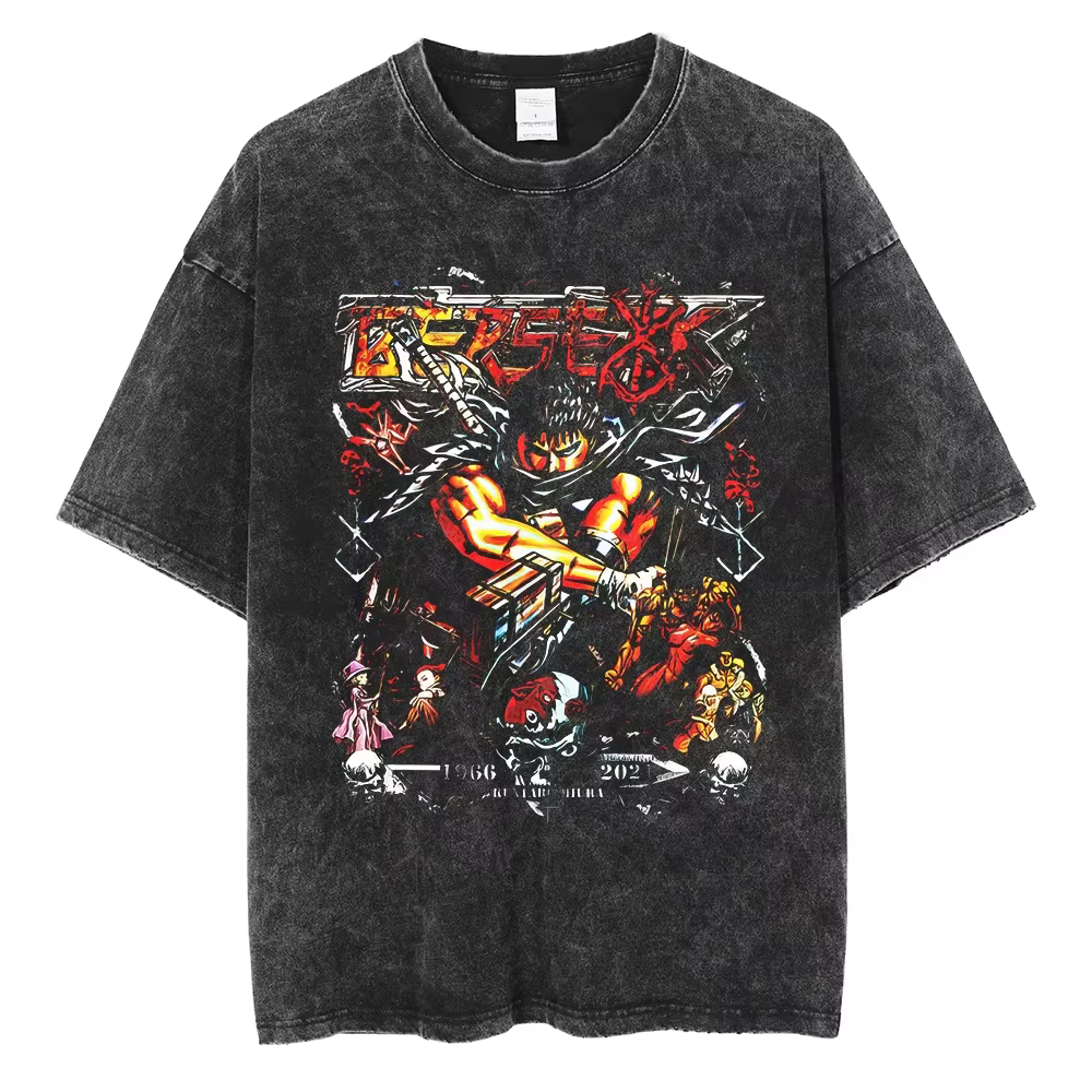 T-shirt Berserk Manga Guts Anime pour hommes et femmes, t-shirt vintage en coton lavé, vêtements décontractés d'été à manches courtes