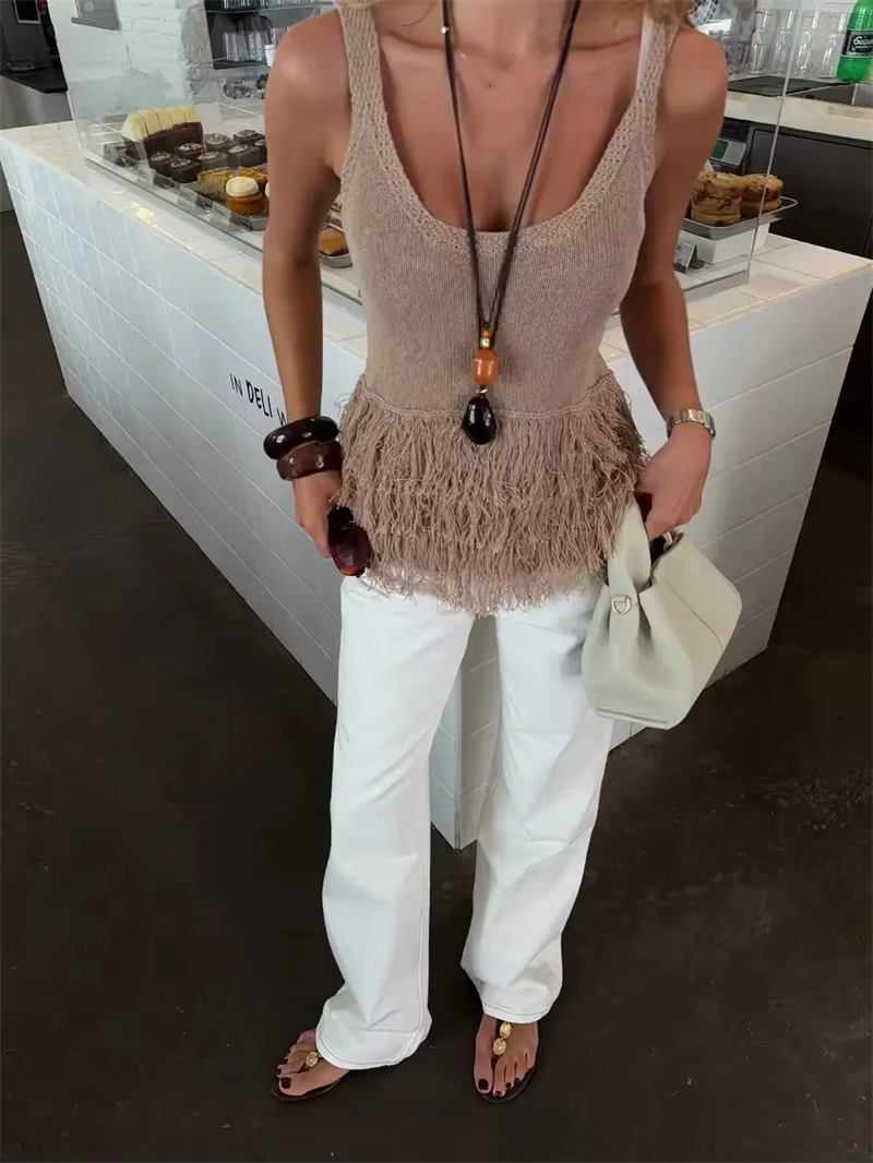 Haut pour femme Été 2026 Nouveauté Camel Sans Manches à Paillettes Style Vacances Sexy Tendance Unique High Street