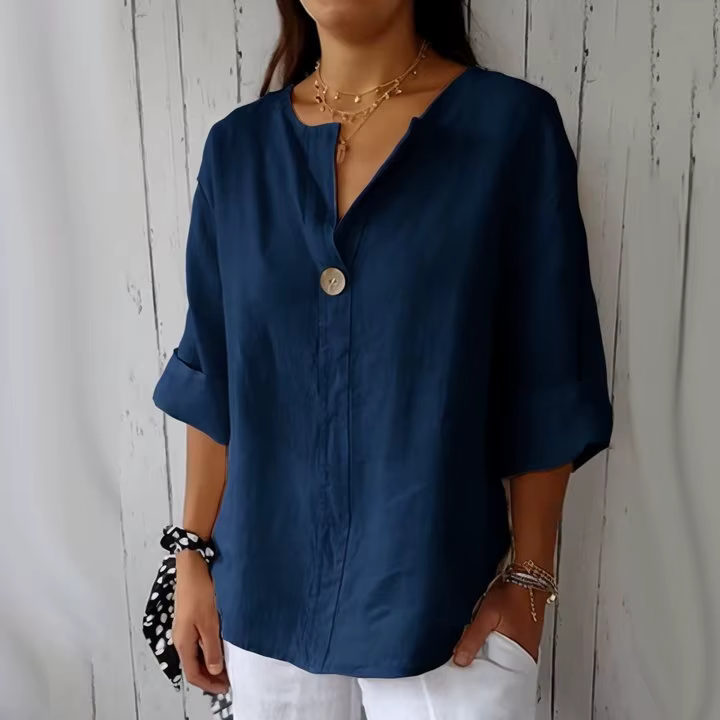 Blouse décontractée pour femme 2026 – Nouveau T-shirt ample d'été en coton et lin à col en V avec boutons – Vêtements féminins