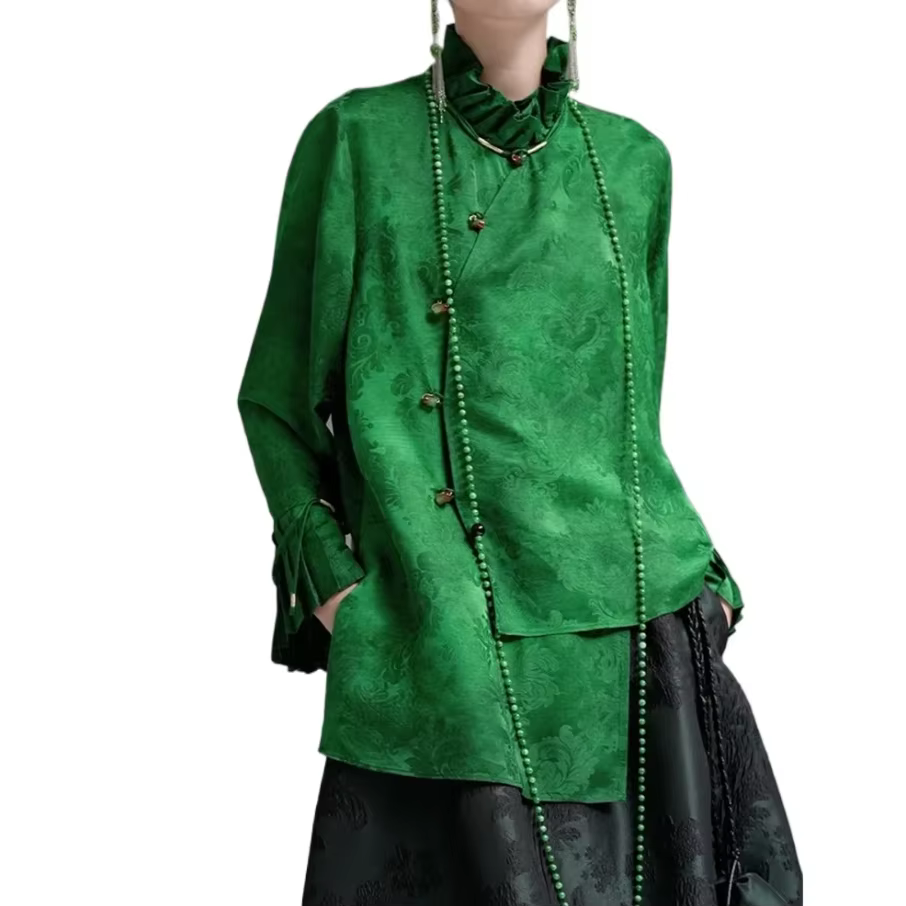 2025 vert petit haut Jacquard tissu élégant