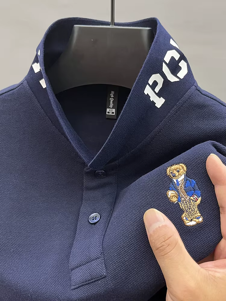 Marque de luxe 100 pur coton hommes Polo revers ours broderie à manches longues automne nouveau T-shirt affaires mode