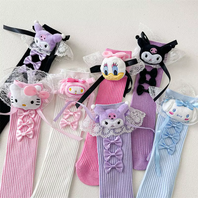 Chaussettes hautes imprimées Kuromi mignonnes pour femmes et filles, chaussettes longues en coton doux à motif de dessin animé Kawaii, décontractées pour le quotidien, vente en gros