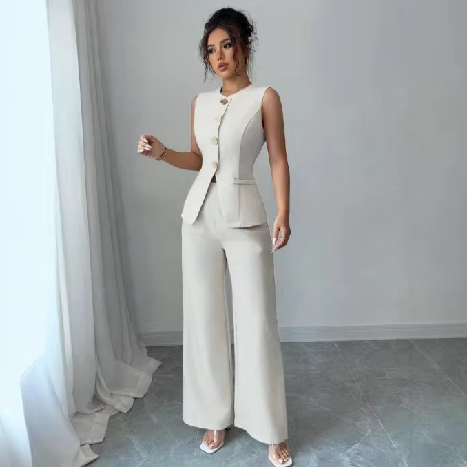 Ensemble chic pour femme 2026 : Gilet sans manches et pantalon large – Tenue de bureau élégante deux pièces décontractée