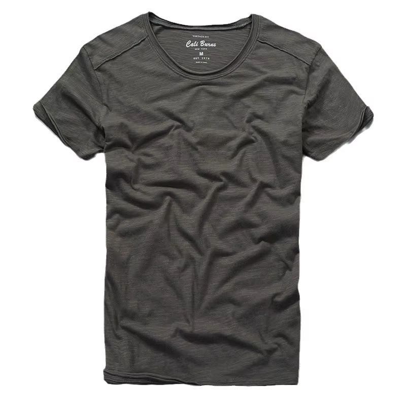 T-shirt col rond pour hommes en coton flammé en détresse mode d'été mince décontracté couleur unie col effiloché et