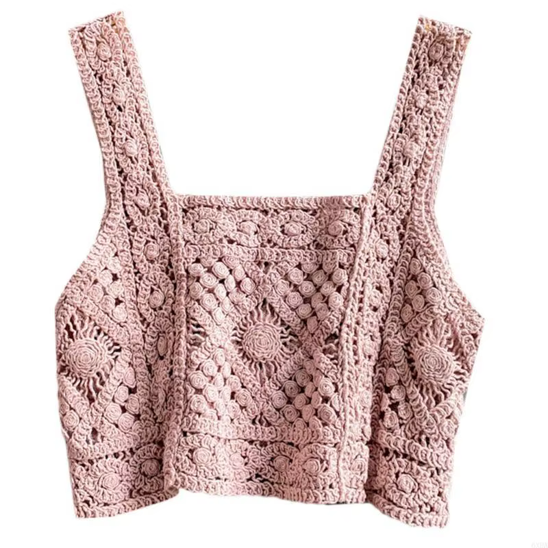 Femmes Crochet Sans Manches Récolte pour Débardeur Rétro Tricot Plaid Col Carré Pull 6XDA