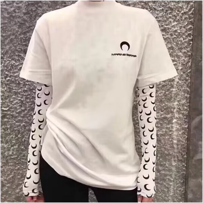 MarineEPRINCESS brodé demi-lune lettre unisexe T-Shirt col rond à la mode à manches courtes femmes haut tendance