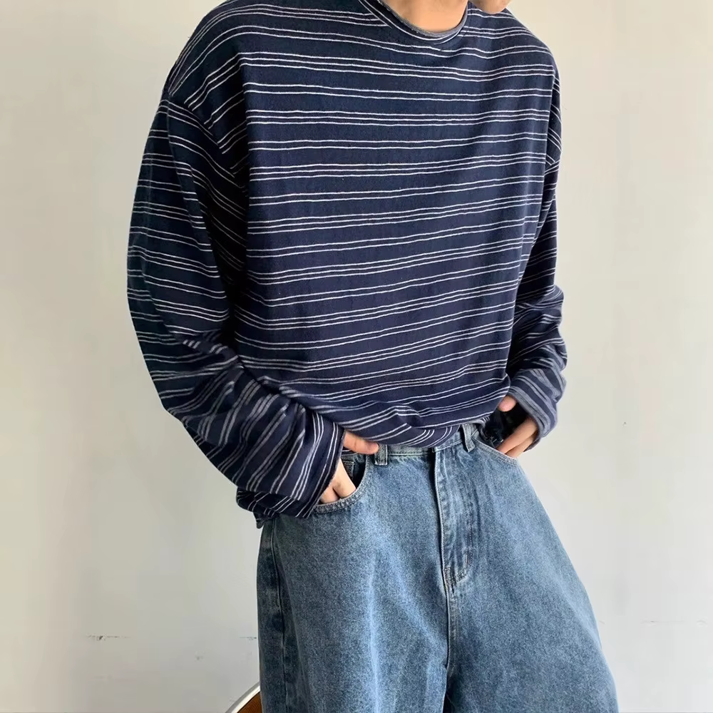 T-shirt à manches longues rayé et bouclé pour homme
