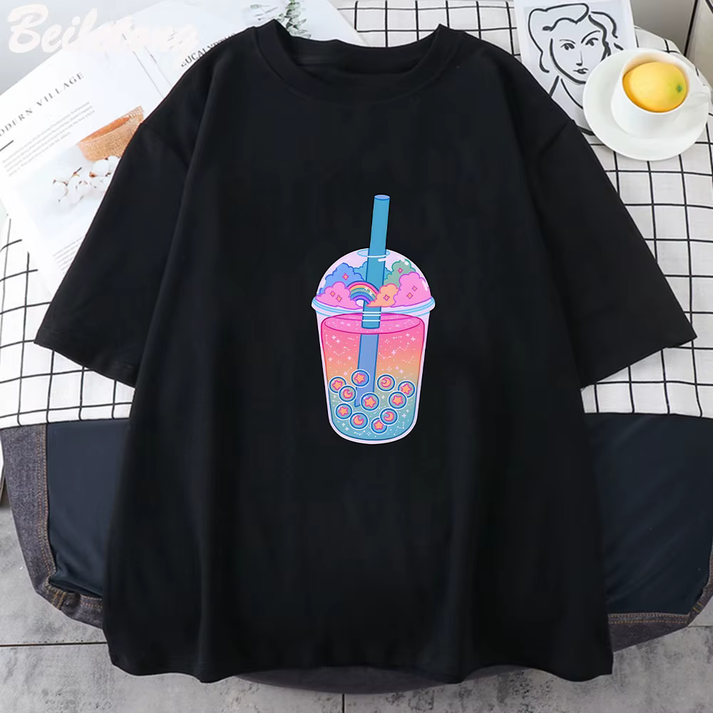 Boba Tea – T-shirt noir à manches courtes pour femme