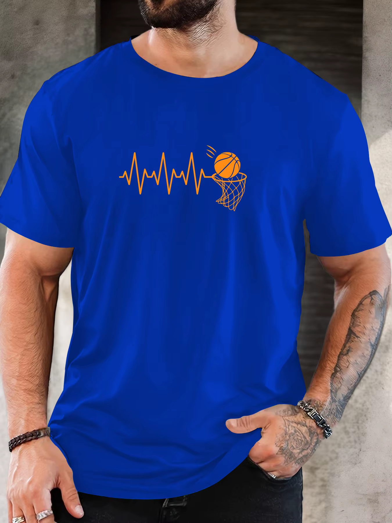 T-Shirt homme 2025 nouveauté sport basket-ball graphique battement de coeur ligne & cerceau imprimé Orange haut élégant quotidien décontracté