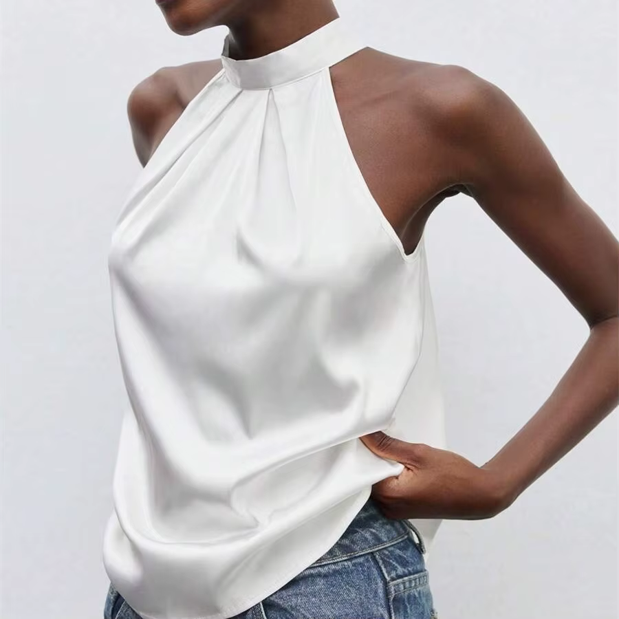 Hirigin élégant Satin licou cou débardeurs femmes sans manches couleur unie t-shirt basique culture hauts mode été fête Clubwear