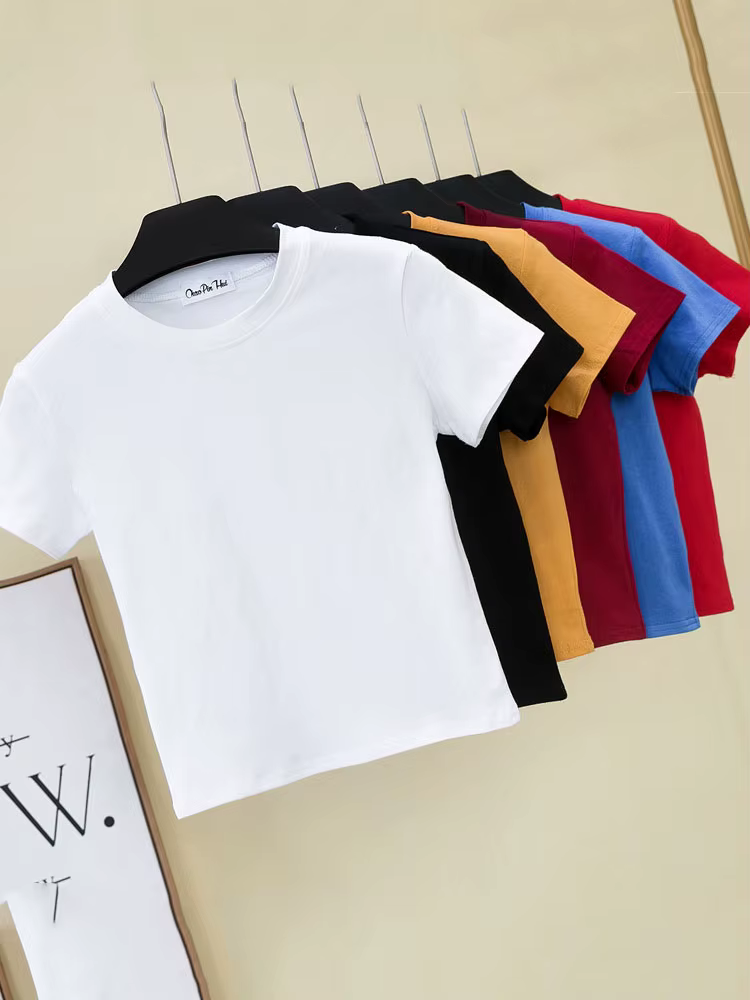 Vert haut court T-Shirt Femme solide coton col rond manches courtes T-shirts pour femmes taille haute mince