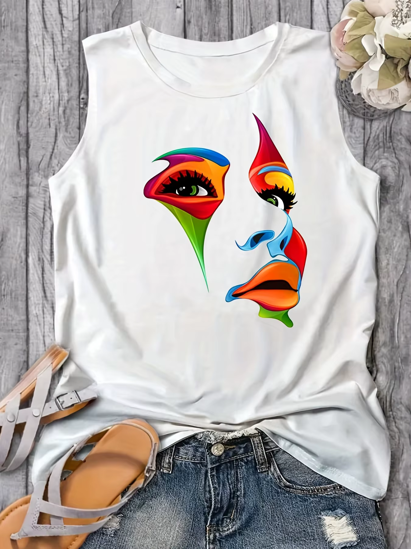 Gilet sans manches pour femmes, t-shirt noir et blanc