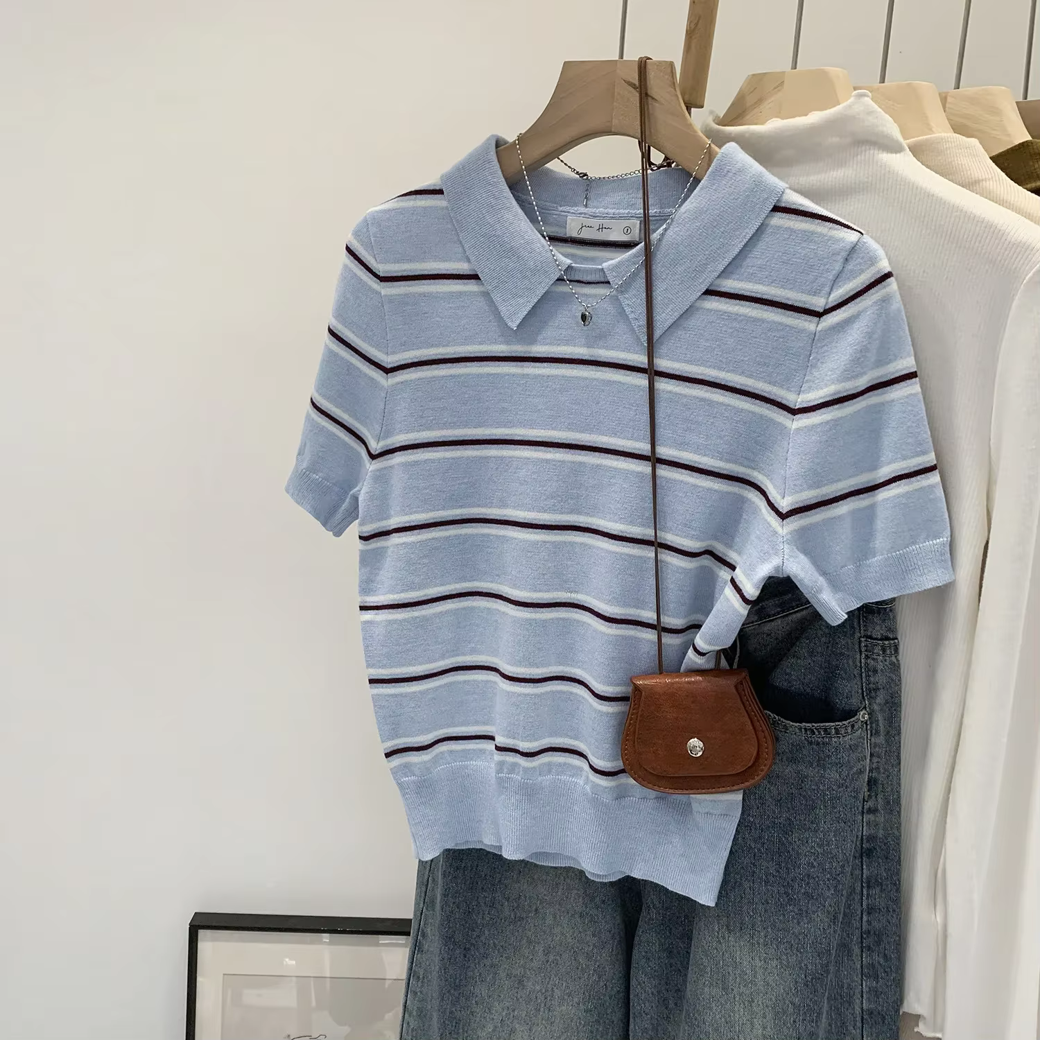Français élégant col Polo rayé à manches courtes haut tricoté femmes été coupe ajustée belle petite chemise T-Shirt mode féminine