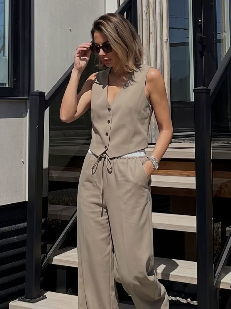 Ensemble pantalon élégant et décontracté marron pour femme