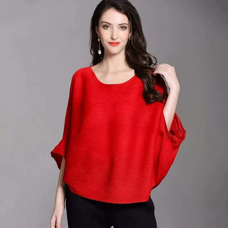 T-shirt plissé à col rond pour femme