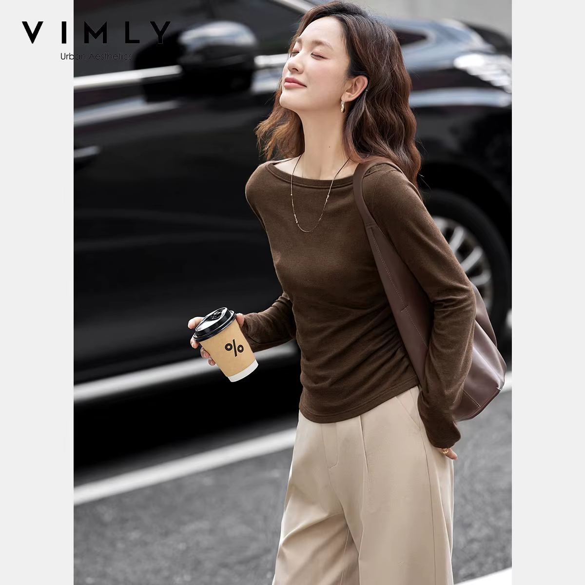 VIMLY Hauts Femme Printemps Automne 2026 Col Bateau Manches Longues T-shirts Décontractés Tricotés Coupe Ajustée Extensibles pour Femmes A3039