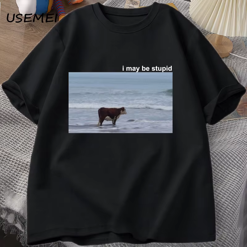 I May Be Stupid Cow on Beach Funny Meme T-shirt en coton pour hommes