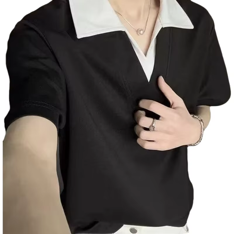 Polo ample col en V style américain pour homme – T-shirt décontracté d'été à manches courtes en polyester – Tendance jeune