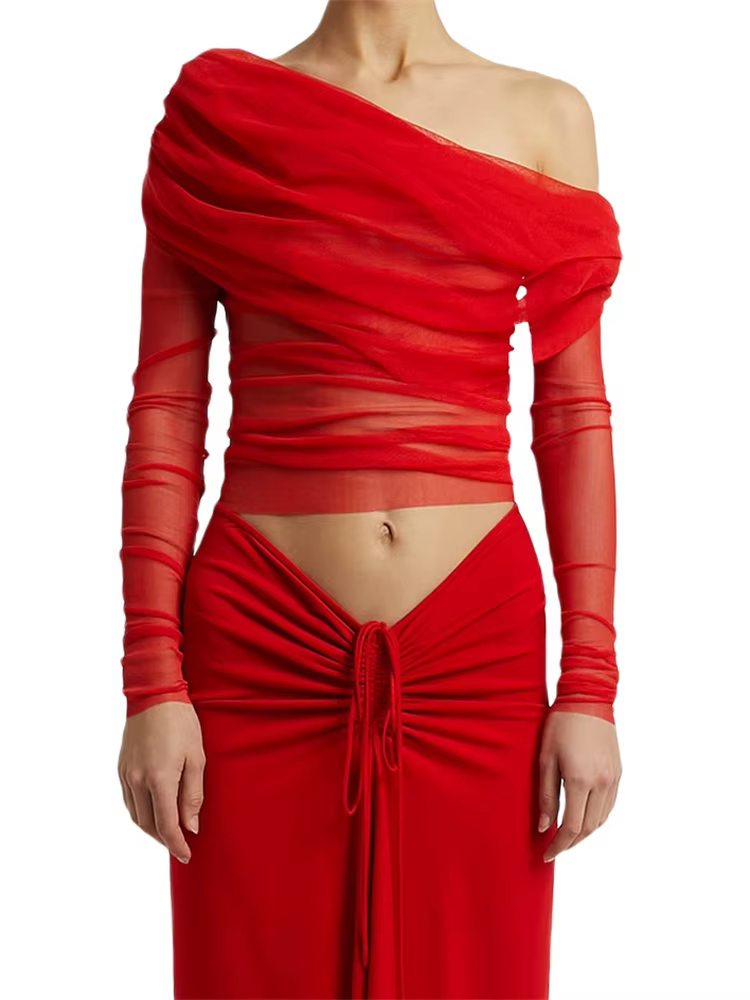 Femmes chemises courtes manches longues épaules dénudées hauts plissés décontracté élégant Sexy maille pure Blouse