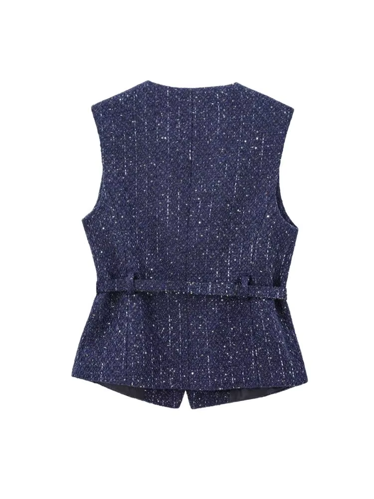 Gilet en Tweed avec ceinture pour femmes, col rond, sans manches, bouton sur le devant, vêtements d'extérieur pour femmes, hauts chics, à la mode