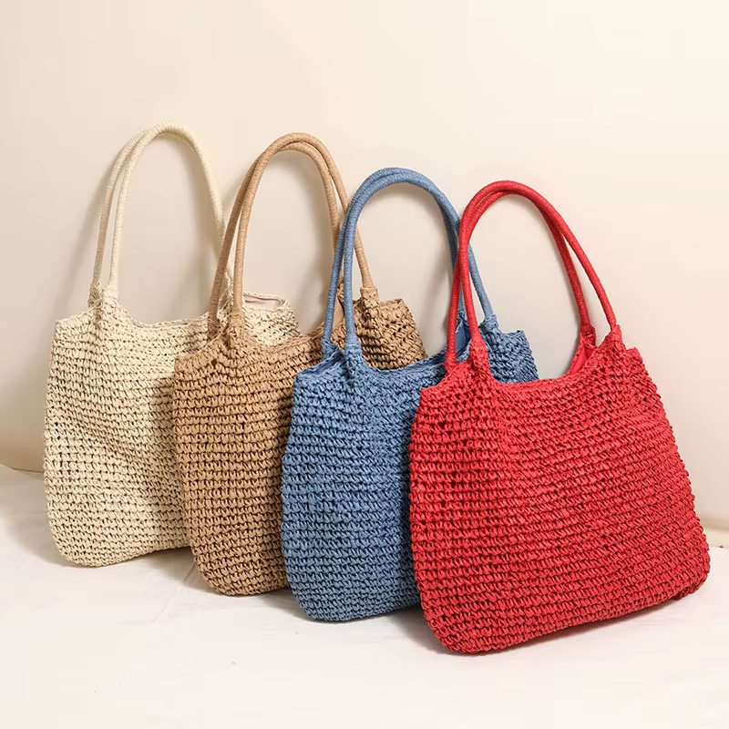 Sac fourre-tout en paille tressé couleur unie