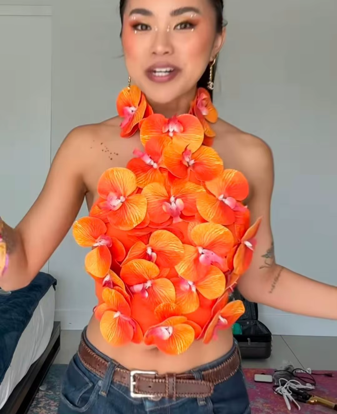 Couleur Orange femmes Sexy fleurs dos nu moulante hauts célébrer discothèque fête Bar danseur DJ Performance Costume
