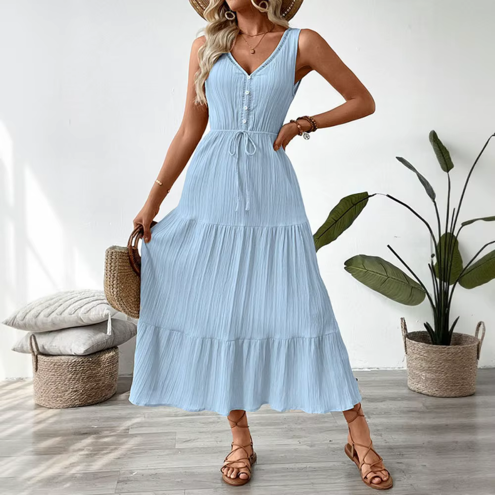 Robe longue texturée sans manches à volants pour femme