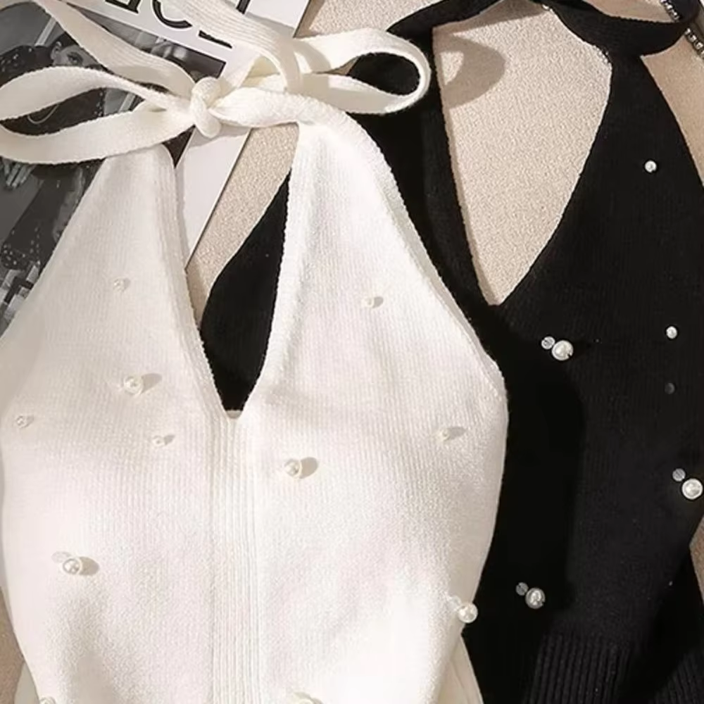 Gilet sans dos en tricot avec perles françaises